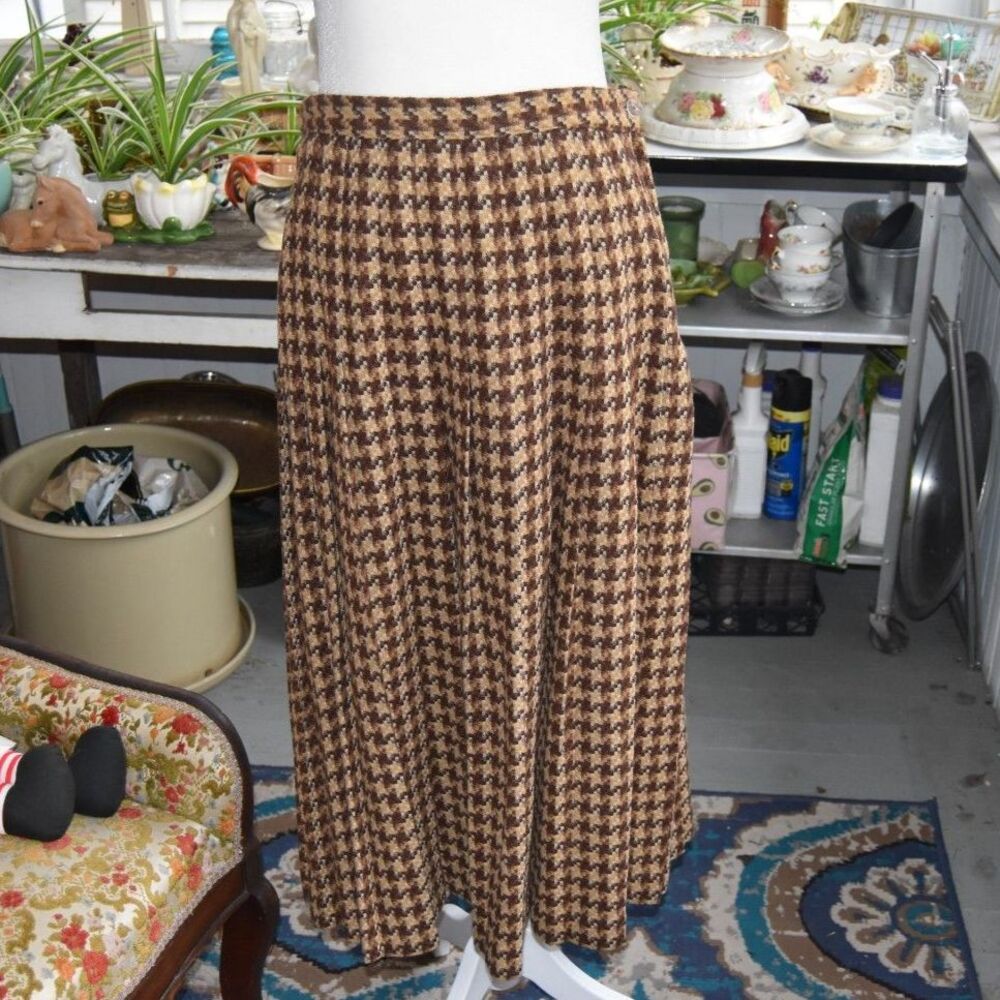 Vintage 80s Camdan Place Houndstooth Midi Skirt Brown Wool Blend USA Medium